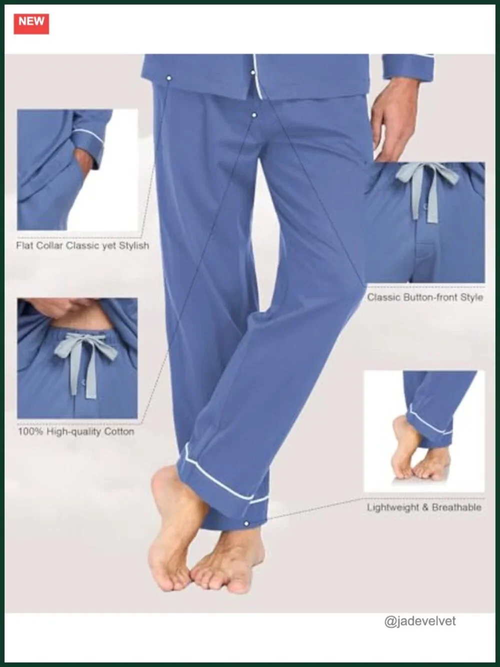 100% Cotton Men's Pajama Set Button Down Long Sleeve Sleepwear with Pockets